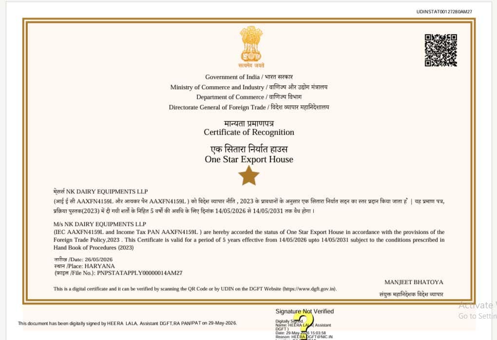 DGFT One Star Export House Certificate - NK Dairy Equipments
